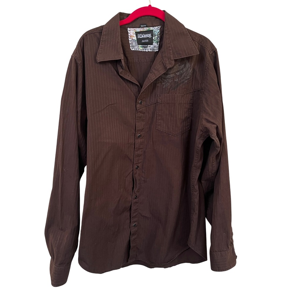 VTG Billabong Button Up Shirt Brown Sz XXL Embroidered Shadow Stripe Y2K Rock